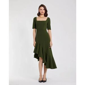 MAC DUGGAL Green Crepe 3/4 Sleeve Asymmetrical Hem Dress US 6 $358